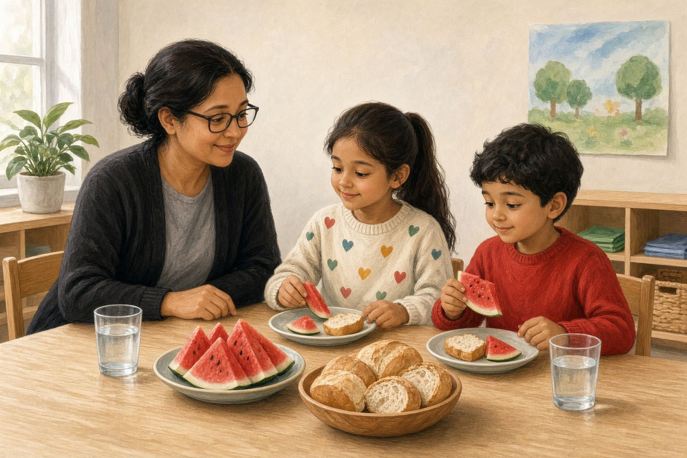 A drawing of an adult and two children sharing bread, watermelon, and water.